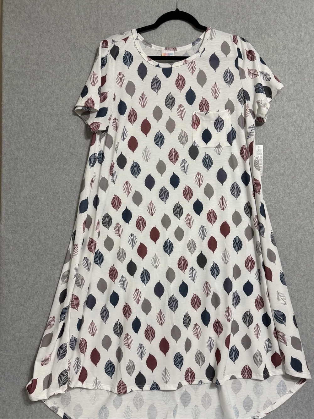 LuLaRoe White Dress with Blue, Gray and Brown Leaf Print